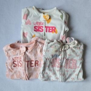 Set of 3 - Cute "Little Sister" 0-3 Month Baby Girl Footed Pajamas